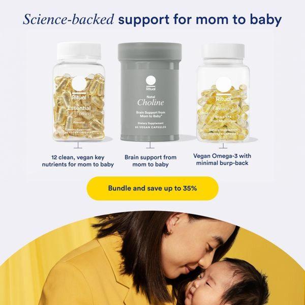 A split-view layout featuring three supplement bottles with clear benefit labels above an emotional image of a mother and baby.